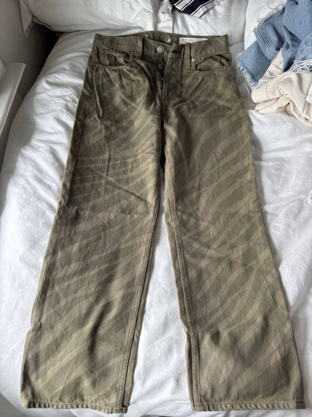 rag & bone Olive Green Straight Leg Jeans with Subtle Zebra Print